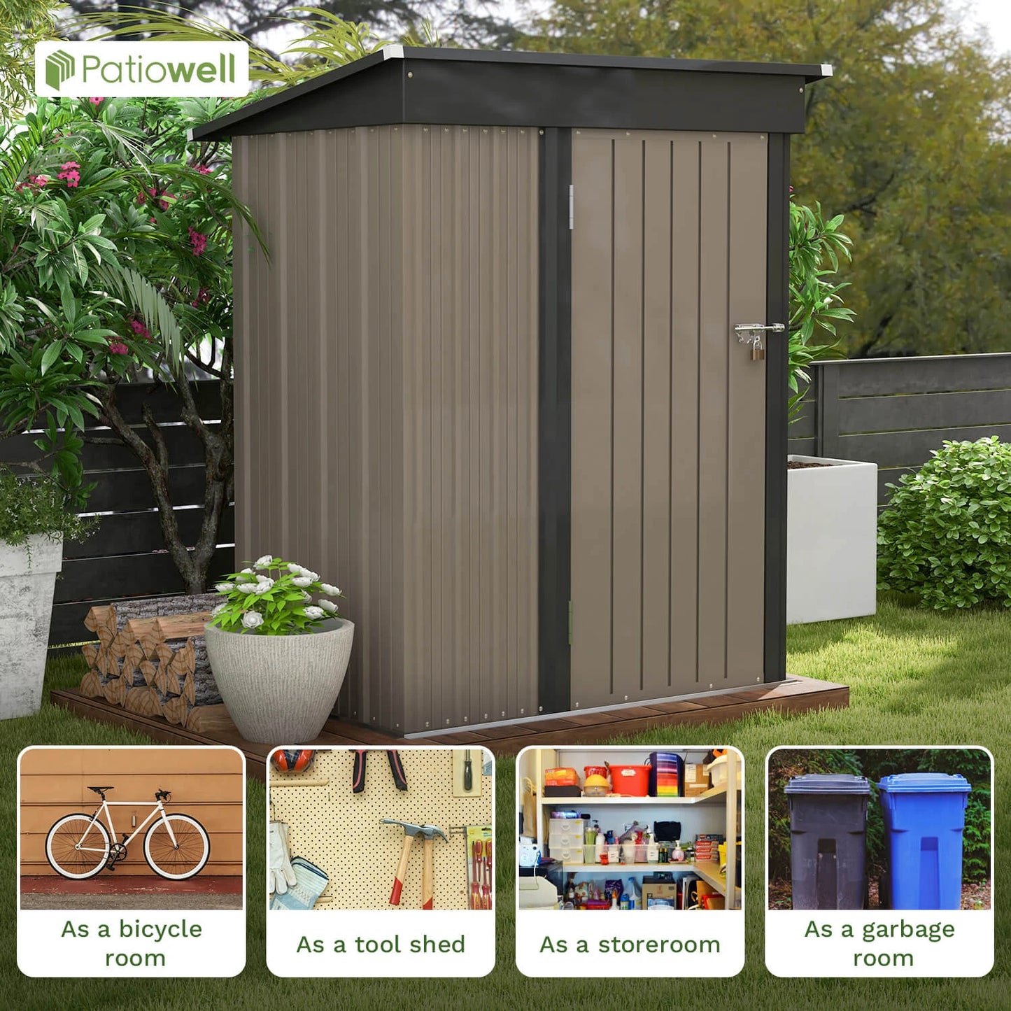 5x3 FT Outdoor Storage Shed, Tool Shed with Sloping Roof and Lockable Door, Metal Shed for Backyard Garden Patio Lawn