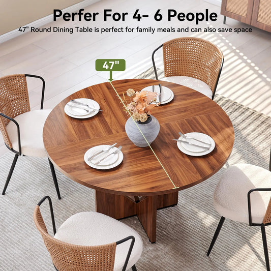 Round Dining Table for 4, 47 Inches Farmhouse Dinner Table with Wooden Pedestal Base, Modern