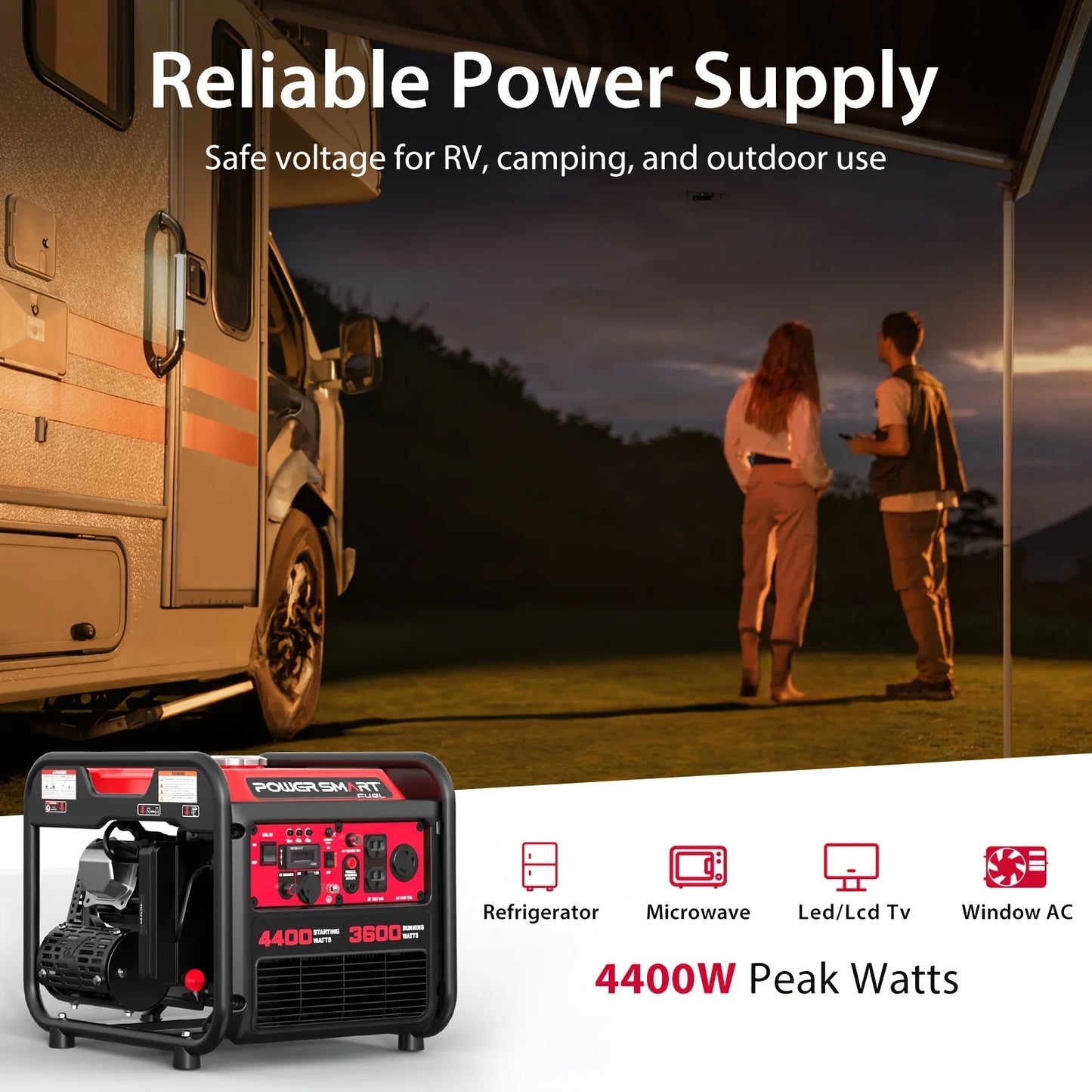 4400W Portable Generator with Inverter Technology, RV Ready 30A Outlet, Gas Powered, Lightweight & Quiet for Home Use