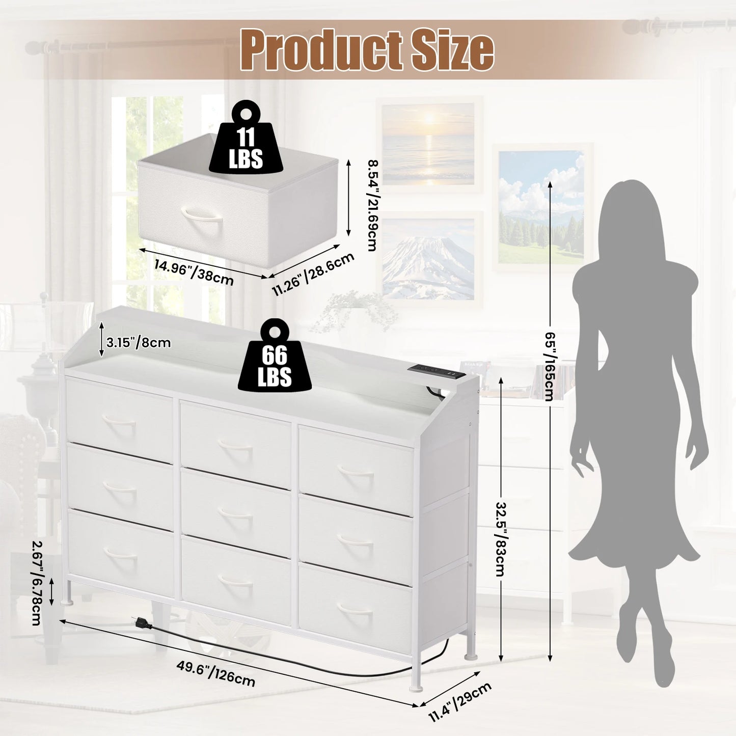 Dresser for Bedroom, 9 Drawers with LED Lights & Charging Station-White