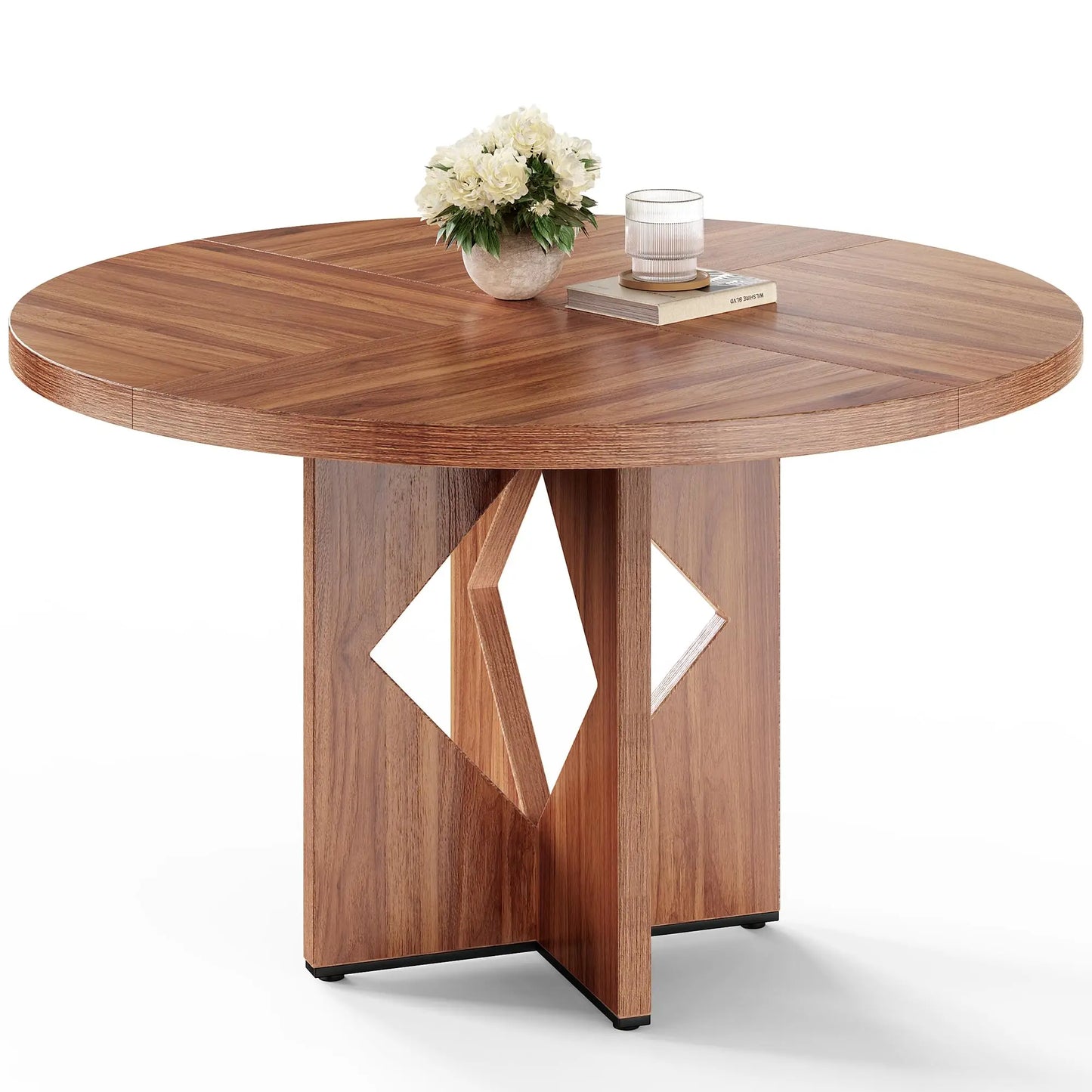 Round Dining Table for 4, 47 Inches Farmhouse Dinner Table with Wooden Pedestal Base, Modern
