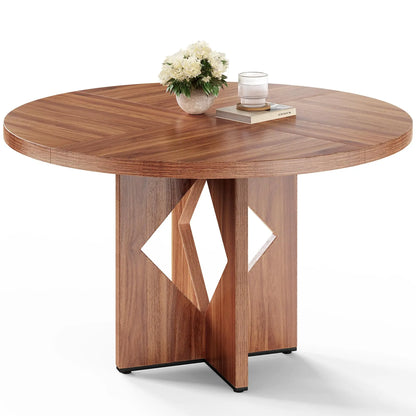 Round Dining Table for 4, 47 Inches Farmhouse Dinner Table with Wooden Pedestal Base, Modern