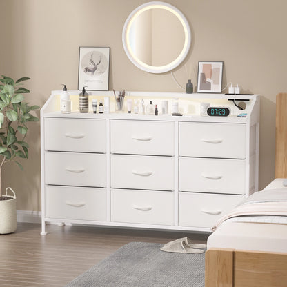 Dresser for Bedroom, 9 Drawers with LED Lights & Charging Station-White