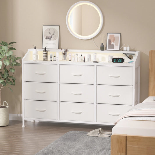 Dresser for Bedroom, 9 Drawers with LED Lights & Charging Station-White