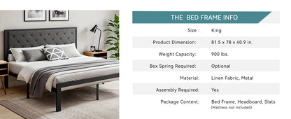 Metal Bed Frame with Upholstered Finely Stitched Headboard, Linen Fabric, Sturdy Foundation, No Box Spring Needed
