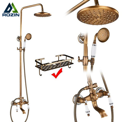 Antique Brass Shower Faucet Set Bathroom Shower Column with Shelf Rainfall Hot Cold Water Mixer Tap Handhold Shower Faucet