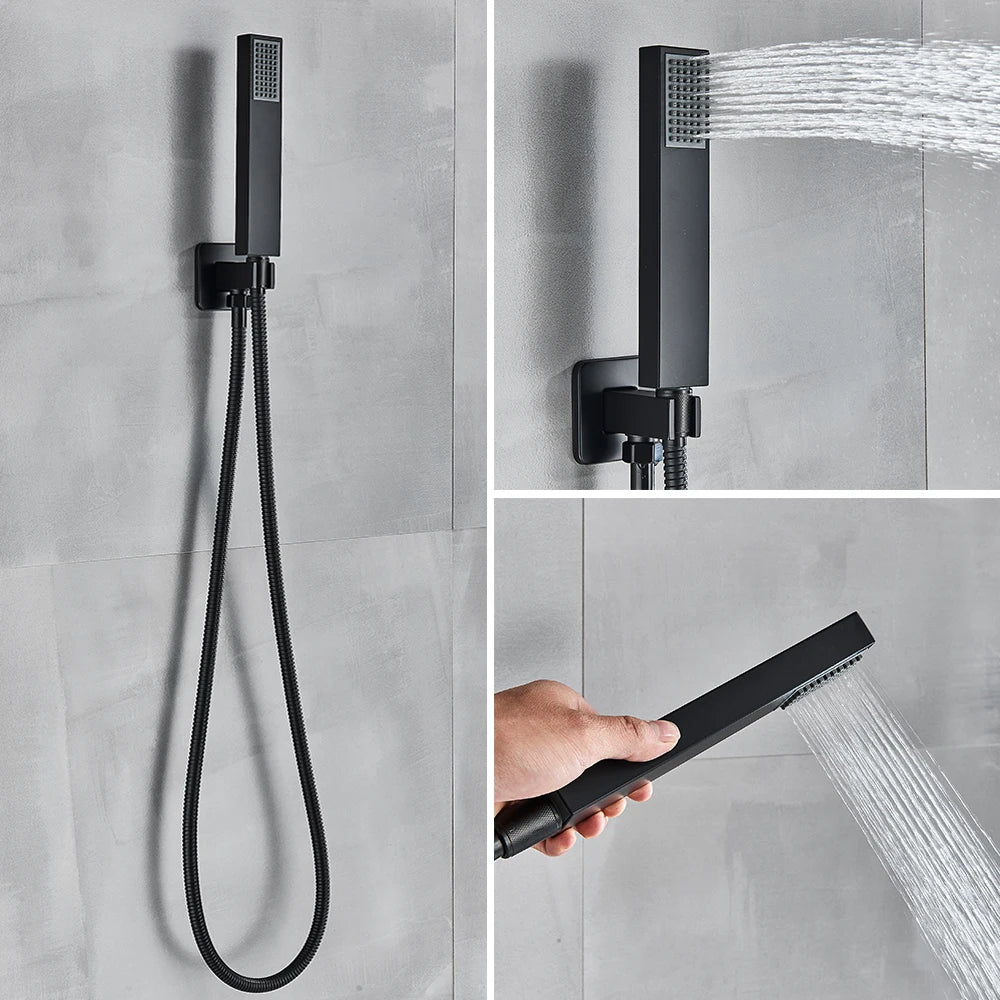 Black Shower Faucets System Bathroom Wall Mounted Rainfall Shower Kit Concealed Embedded Box Hot Cold Water Mixer Tap SUS304