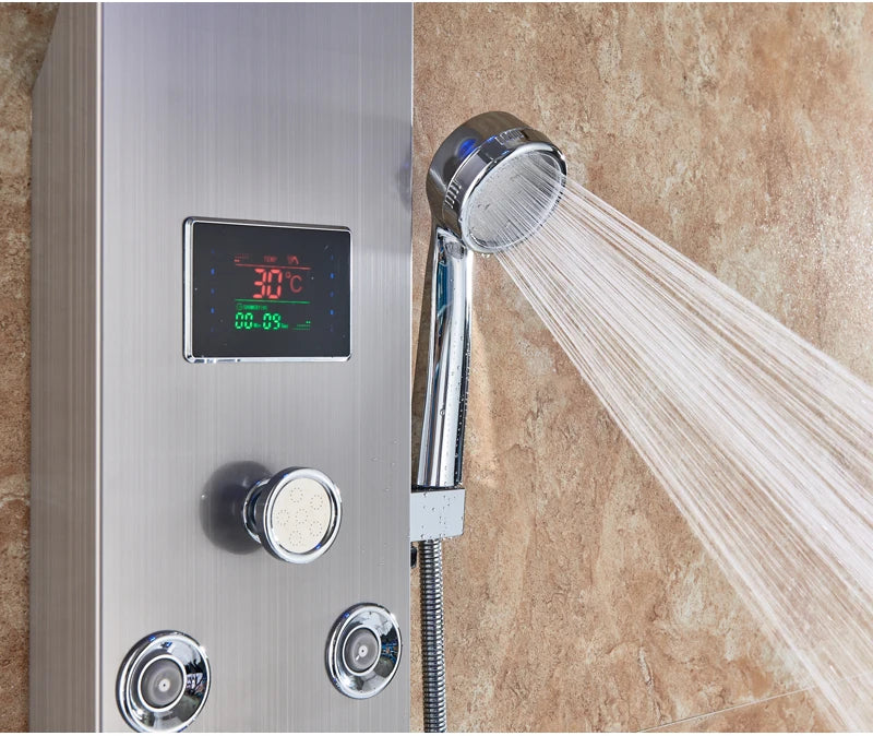 LED Bathroom Shower Panel 6 Modes Intelligent LCD Shower Column Rose Gold Rain Waterfall Bath Systems With Massage Jet Mixer Tap