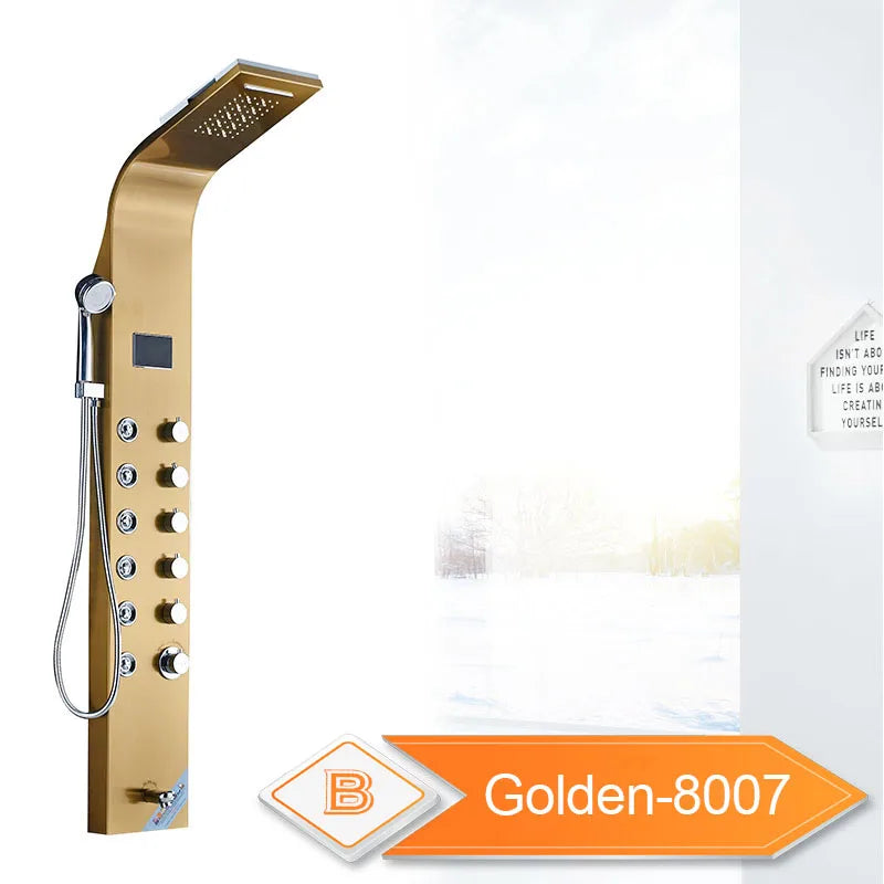 LED Bathroom Shower Panel 6 Modes Intelligent LCD Shower Column Rose Gold Rain Waterfall Bath Systems With Massage Jet Mixer Tap