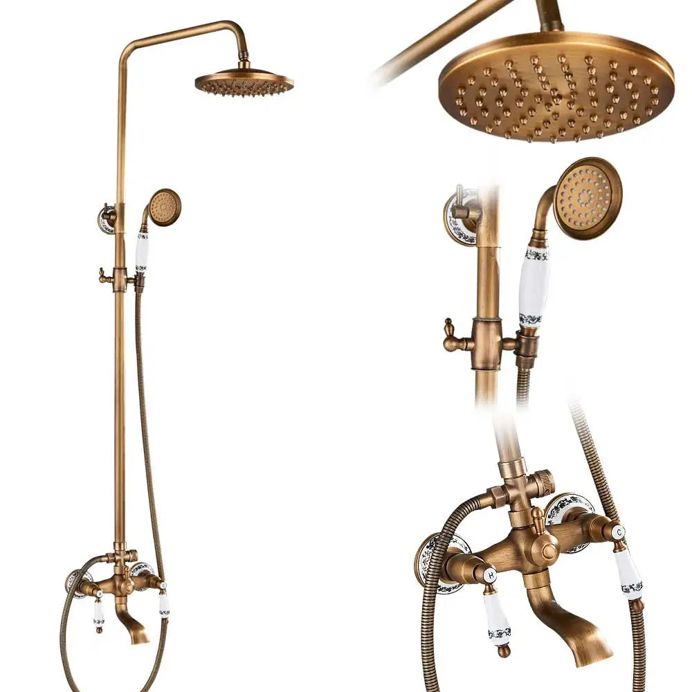 Antique Brass Shower Faucet Set Bathroom Shower Column with Shelf Rainfall Hot Cold Water Mixer Tap Handhold Shower Faucet