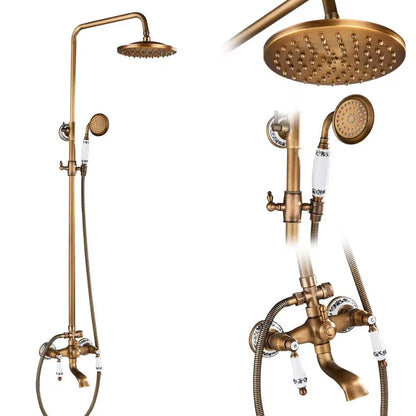 Antique Brass Shower Faucet Set Bathroom Shower Column with Shelf Rainfall Hot Cold Water Mixer Tap Handhold Shower Faucet