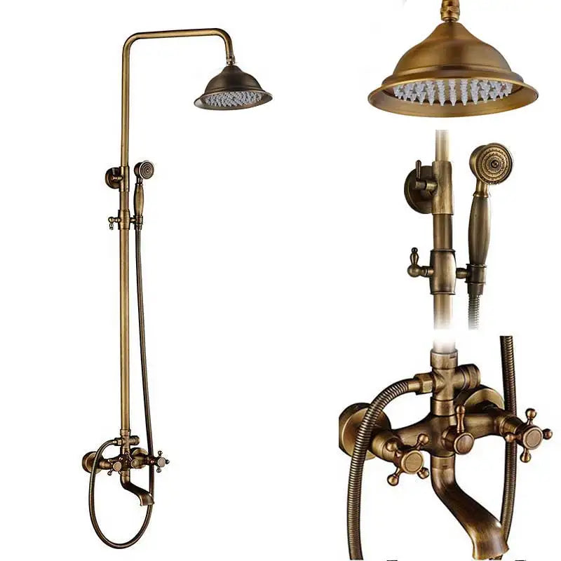 Antique Brass Shower Faucet Set Bathroom Shower Column with Shelf Rainfall Hot Cold Water Mixer Tap Handhold Shower Faucet