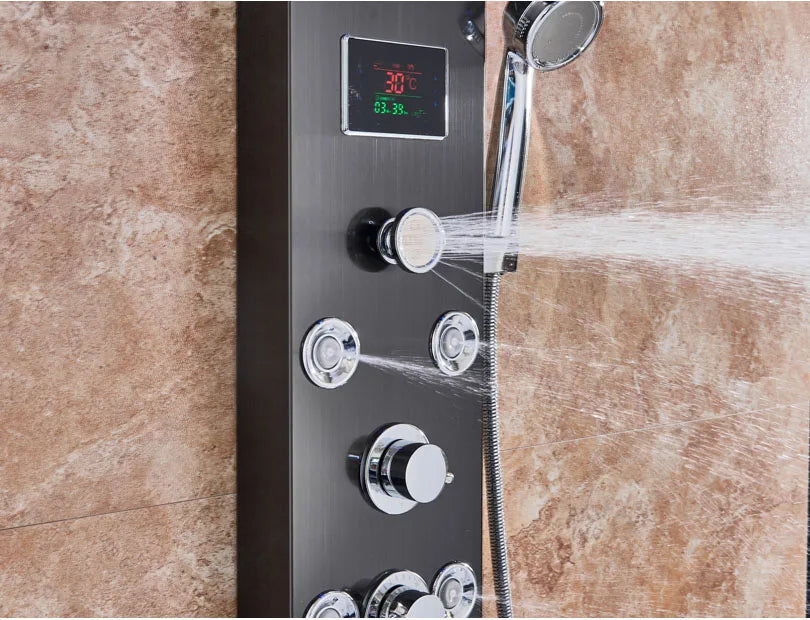 LED Bathroom Shower Panel 6 Modes Intelligent LCD Shower Column Rose Gold Rain Waterfall Bath Systems With Massage Jet Mixer Tap