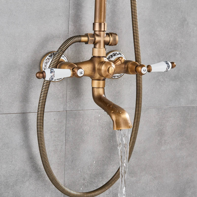Antique Brass Shower Faucet Set Bathroom Shower Column with Shelf Rainfall Hot Cold Water Mixer Tap Handhold Shower Faucet