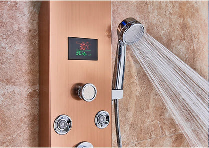 LED Bathroom Shower Panel 6 Modes Intelligent LCD Shower Column Rose Gold Rain Waterfall Bath Systems With Massage Jet Mixer Tap