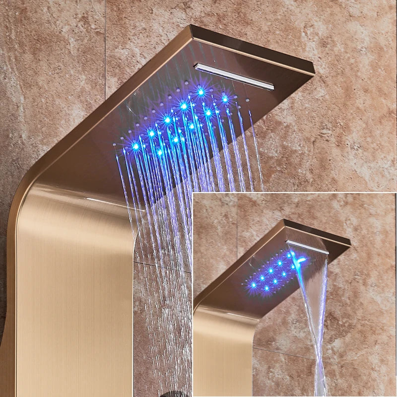 LED Bathroom Shower Panel 6 Modes Intelligent LCD Shower Column Rose Gold Rain Waterfall Bath Systems With Massage Jet Mixer Tap