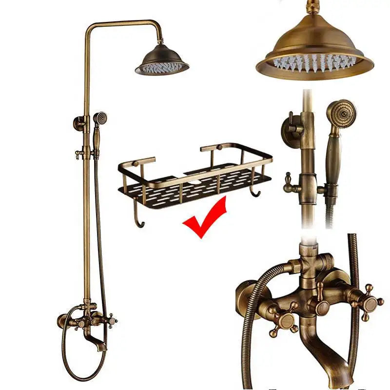 Antique Brass Shower Faucet Set Bathroom Shower Column with Shelf Rainfall Hot Cold Water Mixer Tap Handhold Shower Faucet
