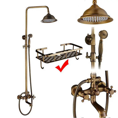 Antique Brass Shower Faucet Set Bathroom Shower Column with Shelf Rainfall Hot Cold Water Mixer Tap Handhold Shower Faucet