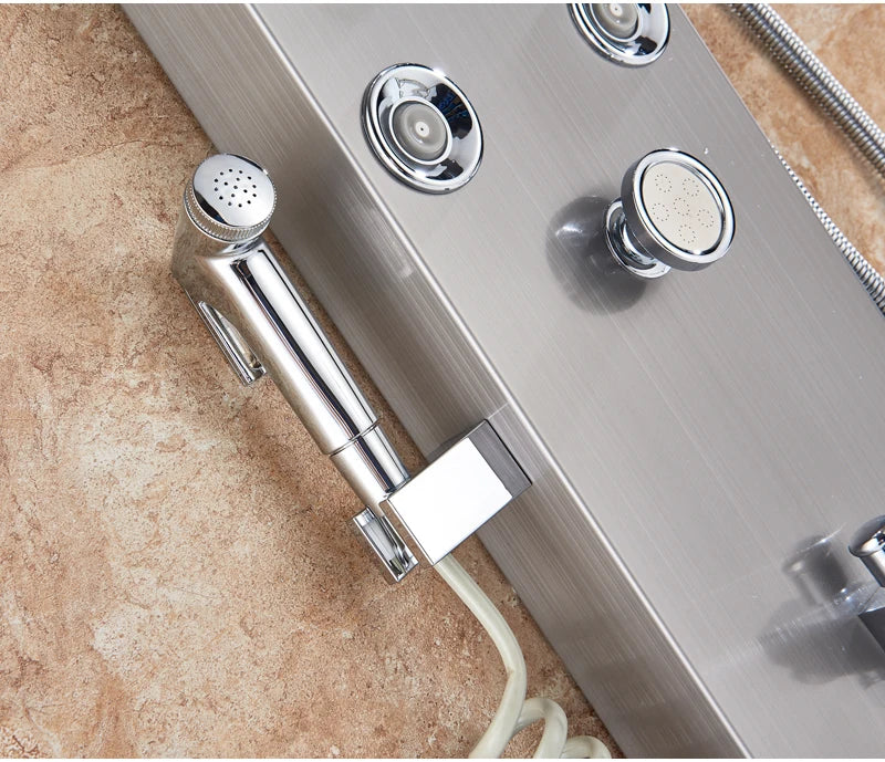 LED Bathroom Shower Panel 6 Modes Intelligent LCD Shower Column Rose Gold Rain Waterfall Bath Systems With Massage Jet Mixer Tap