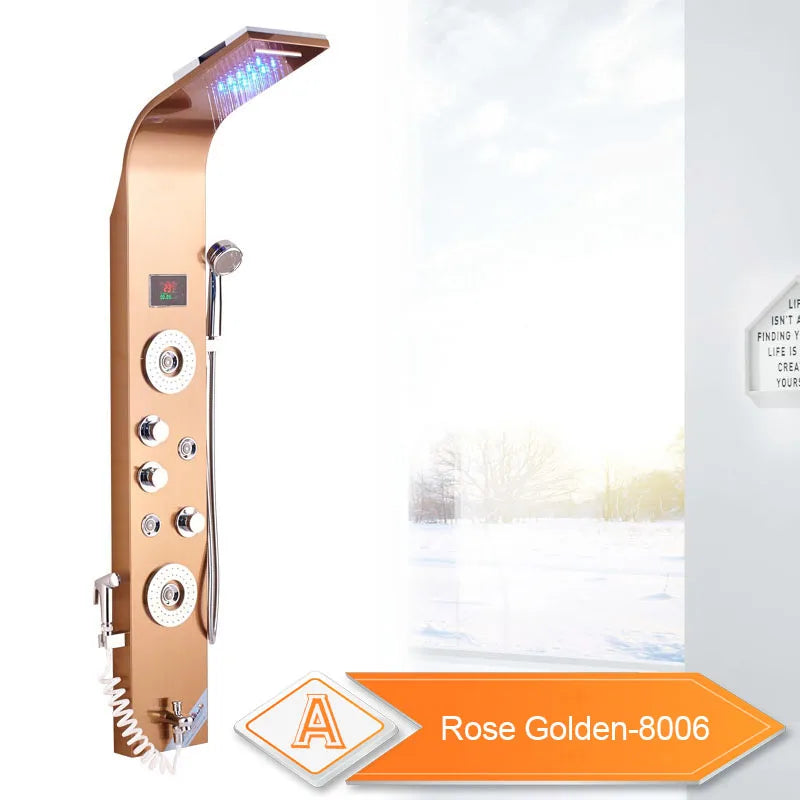 LED Bathroom Shower Panel 6 Modes Intelligent LCD Shower Column Rose Gold Rain Waterfall Bath Systems With Massage Jet Mixer Tap