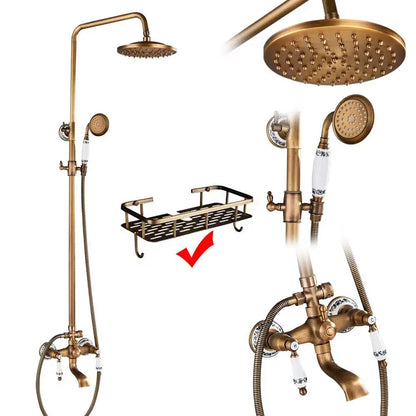 Antique Brass Shower Faucet Set Bathroom Shower Column with Shelf Rainfall Hot Cold Water Mixer Tap Handhold Shower Faucet