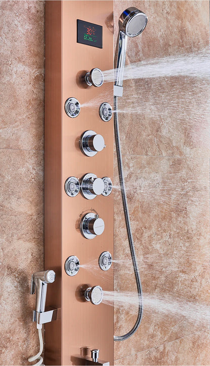 LED Bathroom Shower Panel 6 Modes Intelligent LCD Shower Column Rose Gold Rain Waterfall Bath Systems With Massage Jet Mixer Tap