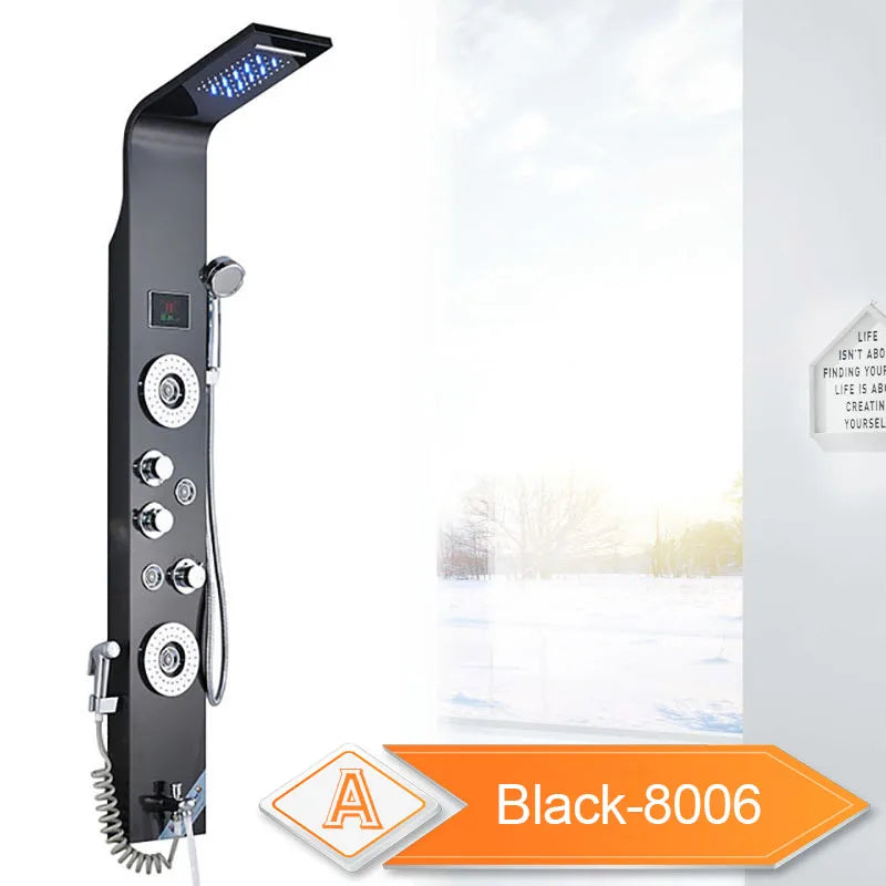 LED Bathroom Shower Panel 6 Modes Intelligent LCD Shower Column Rose Gold Rain Waterfall Bath Systems With Massage Jet Mixer Tap