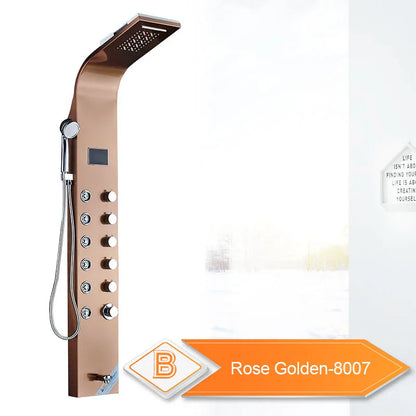 LED Bathroom Shower Panel 6 Modes Intelligent LCD Shower Column Rose Gold Rain Waterfall Bath Systems With Massage Jet Mixer Tap