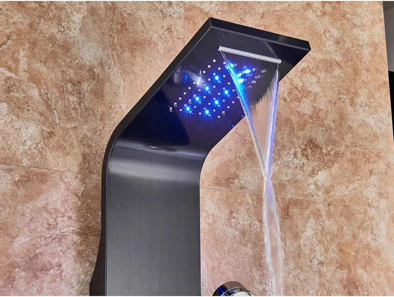 LED Bathroom Shower Panel 6 Modes Intelligent LCD Shower Column Rose Gold Rain Waterfall Bath Systems With Massage Jet Mixer Tap