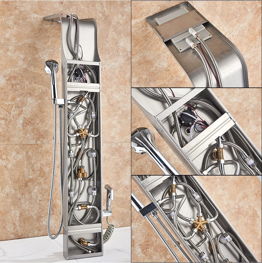 LED Bathroom Shower Panel 6 Modes Intelligent LCD Shower Column Rose Gold Rain Waterfall Bath Systems With Massage Jet Mixer Tap