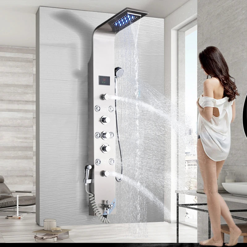 LED Bathroom Shower Panel 6 Modes Intelligent LCD Shower Column Rose Gold Rain Waterfall Bath Systems With Massage Jet Mixer Tap