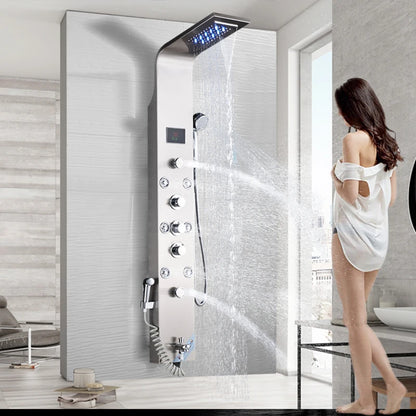 LED Bathroom Shower Panel 6 Modes Intelligent LCD Shower Column Rose Gold Rain Waterfall Bath Systems With Massage Jet Mixer Tap