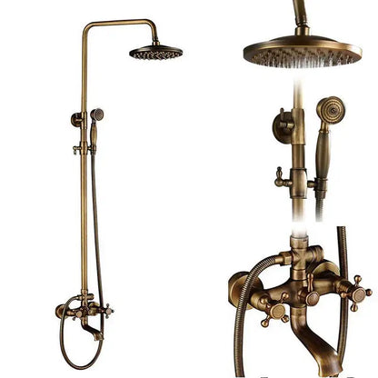 Antique Brass Shower Faucet Set Bathroom Shower Column with Shelf Rainfall Hot Cold Water Mixer Tap Handhold Shower Faucet