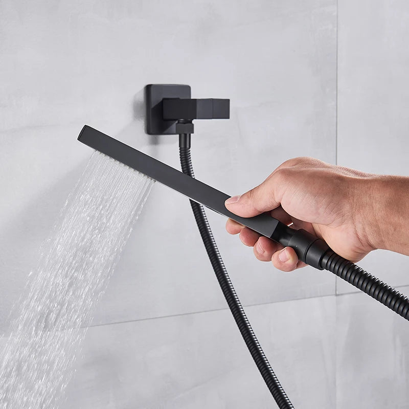 Black Shower Faucets System Bathroom Wall Mounted Rainfall Shower Kit Concealed Embedded Box Hot Cold Water Mixer Tap SUS304