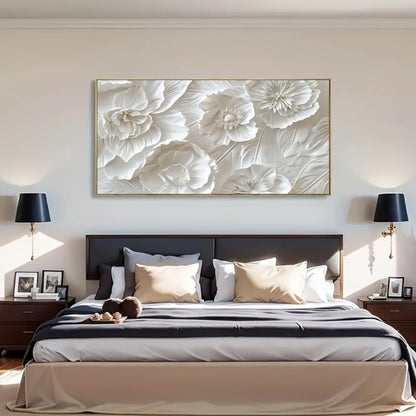 A frameless modern wall art piece depicting white flowers, a canvas poster suitable for bedroom decor, living room or hallway.