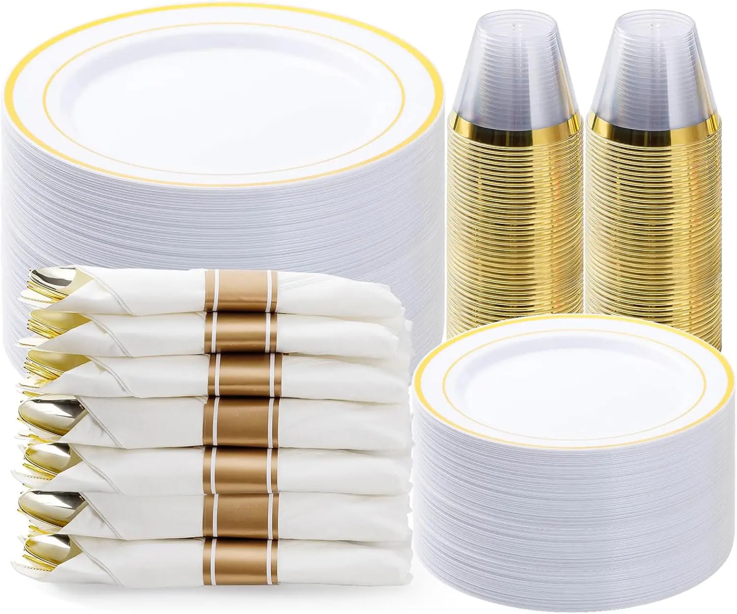 350PCS Gold Plastic Dinnerware Set, Disposable Party Plates for 50 Guests, Include: 100 Plastic Plates, 50 Pre Rolled Napkins