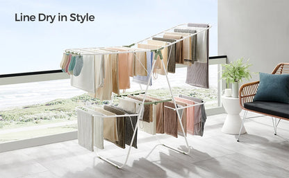 Clothes Drying Rack Foldable 2-Level Laundry Drying Rack Free-Standing Large Drying Rack with Height-Adjustable Wings