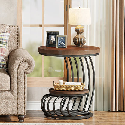 Gold Round End Table: 2 Tiers Faux Marble Side Table with Storage Shelf, Modern White Gold Bedside Nightstand