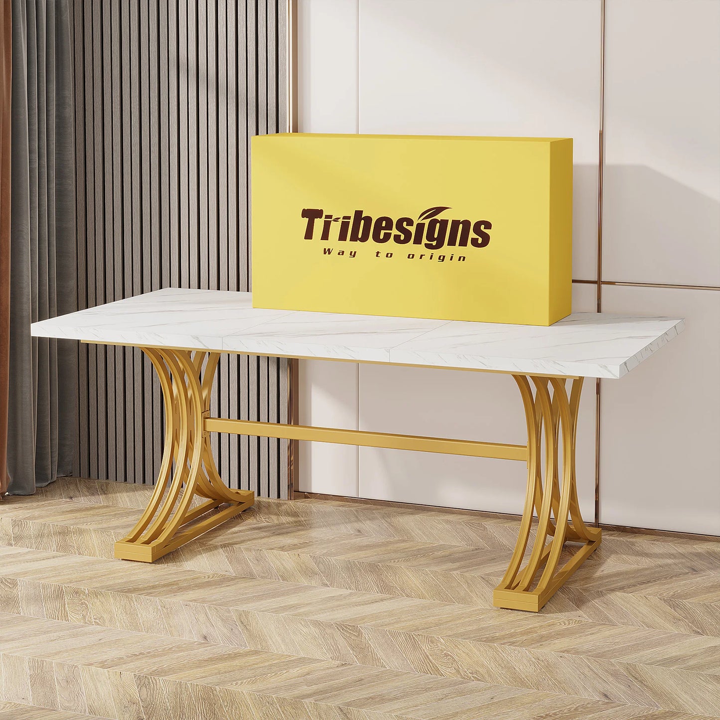 63-Inch Rectangular Dining Table for 4 to 6, Modern Kitchen Table with Faux Marble Table Top