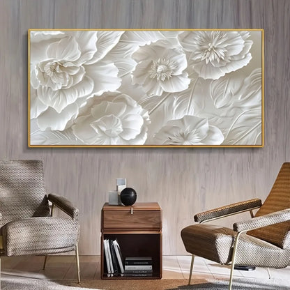A frameless modern wall art piece depicting white flowers, a canvas poster suitable for bedroom decor, living room or hallway.