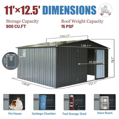 Backyard Storage Shed 11' x 12.5' with Galvanized Steel Frame and Windows Outdoor Garden Shed Metal Utility Tool Storage Room w