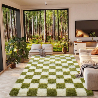 Fluffy Long Shag Plaid Area Rug for Bedroom, Living Room Washable , Super Soft Indoor Plush Rug.