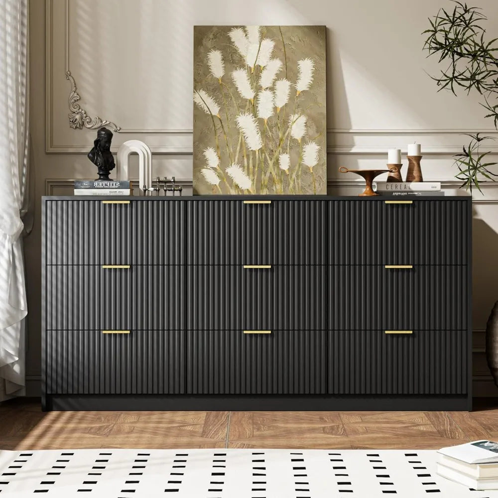Black Dresser for Bedroom, 9 Drawer, Modern Chest of Drawers