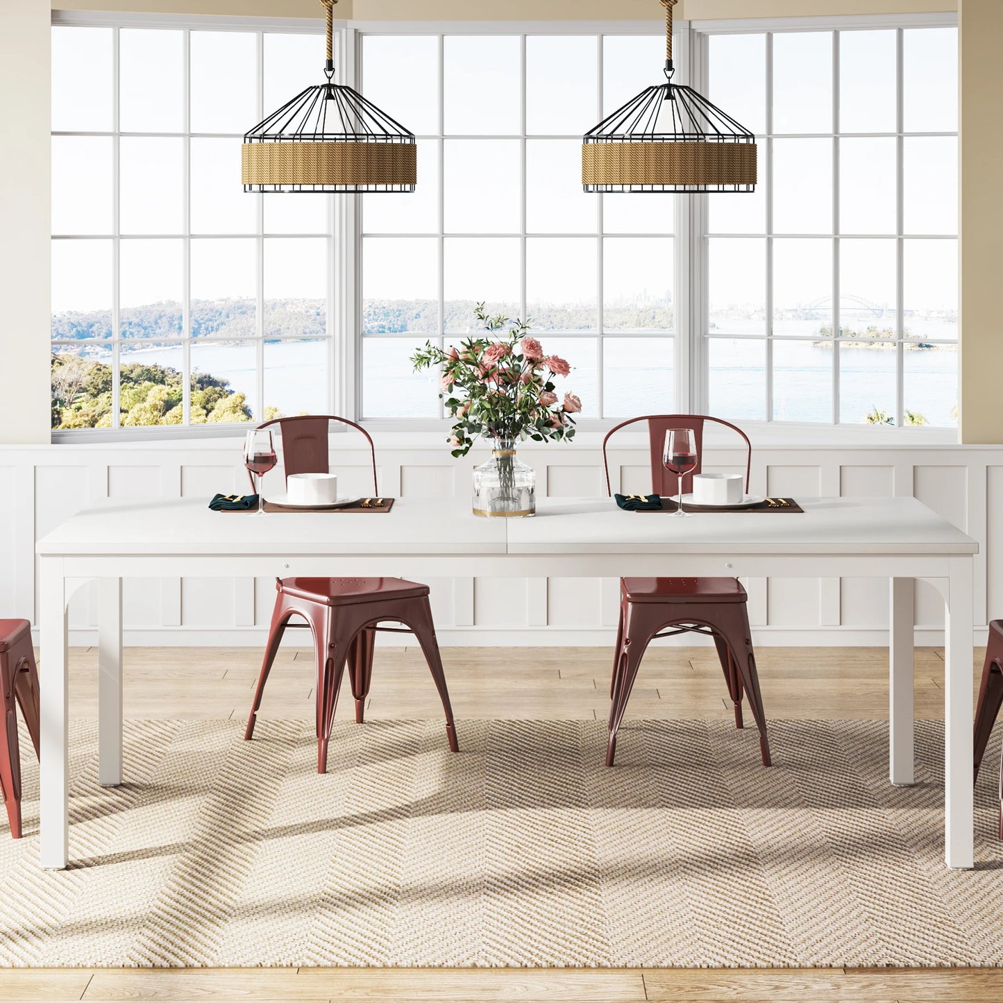 Dining Table for 6-8 People, 200cm Large Narrow Long Rectangular Kitchen Dinner Table, Rustic Wood Dining Table