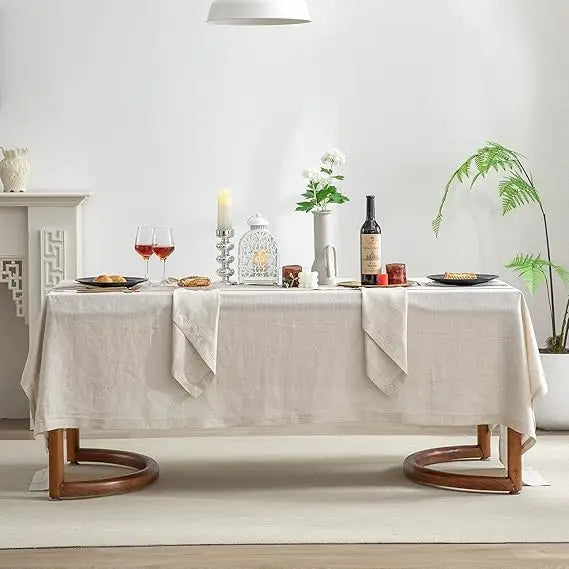 Pure Linen Hemstitch Tablecloth, 100% Stonewashed French Linen for Kitchen Dining, Rectangle Table, 60x144 Inches