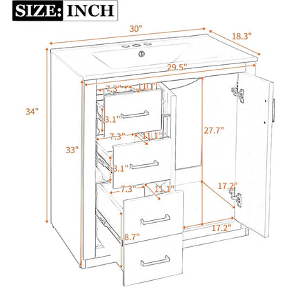 30 Inch Bathroom Vanity with Ceramic Sink, Modern Bathroom Storage Cabinet with 3 Drawers and 2 Doors