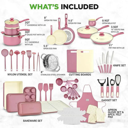 54 Piece Complete Kitchen Cookware Set Non Stick Ceramic Pots Pans Utensils Bakeware Knife Cutting Boards All Cooktops