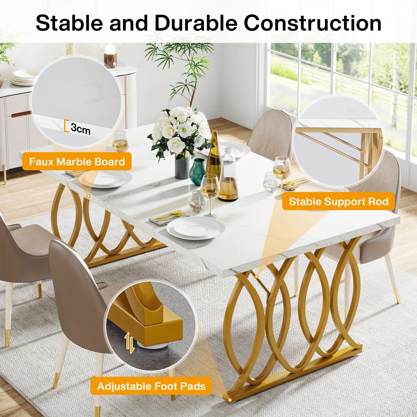 63-Inch Rectangular Dining Table for 4 to 6, Modern Kitchen Table with Faux Marble Table Top