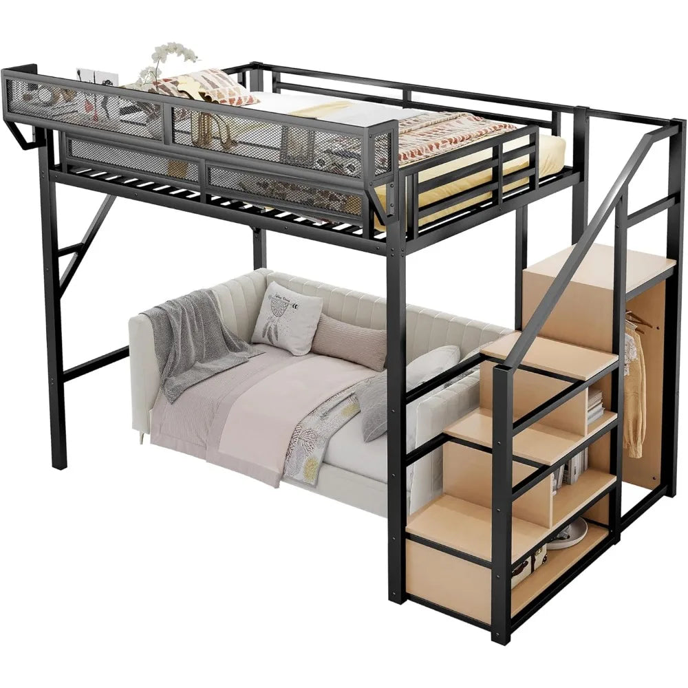 Full Size Loft Bed with Stairs and Storage, Metal Loft Bed Frame with Bedside Shelf and Large Under-Bed Space