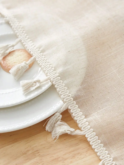 Beige linen square tablecloth, retro countryside style, kitchen living room coffee table